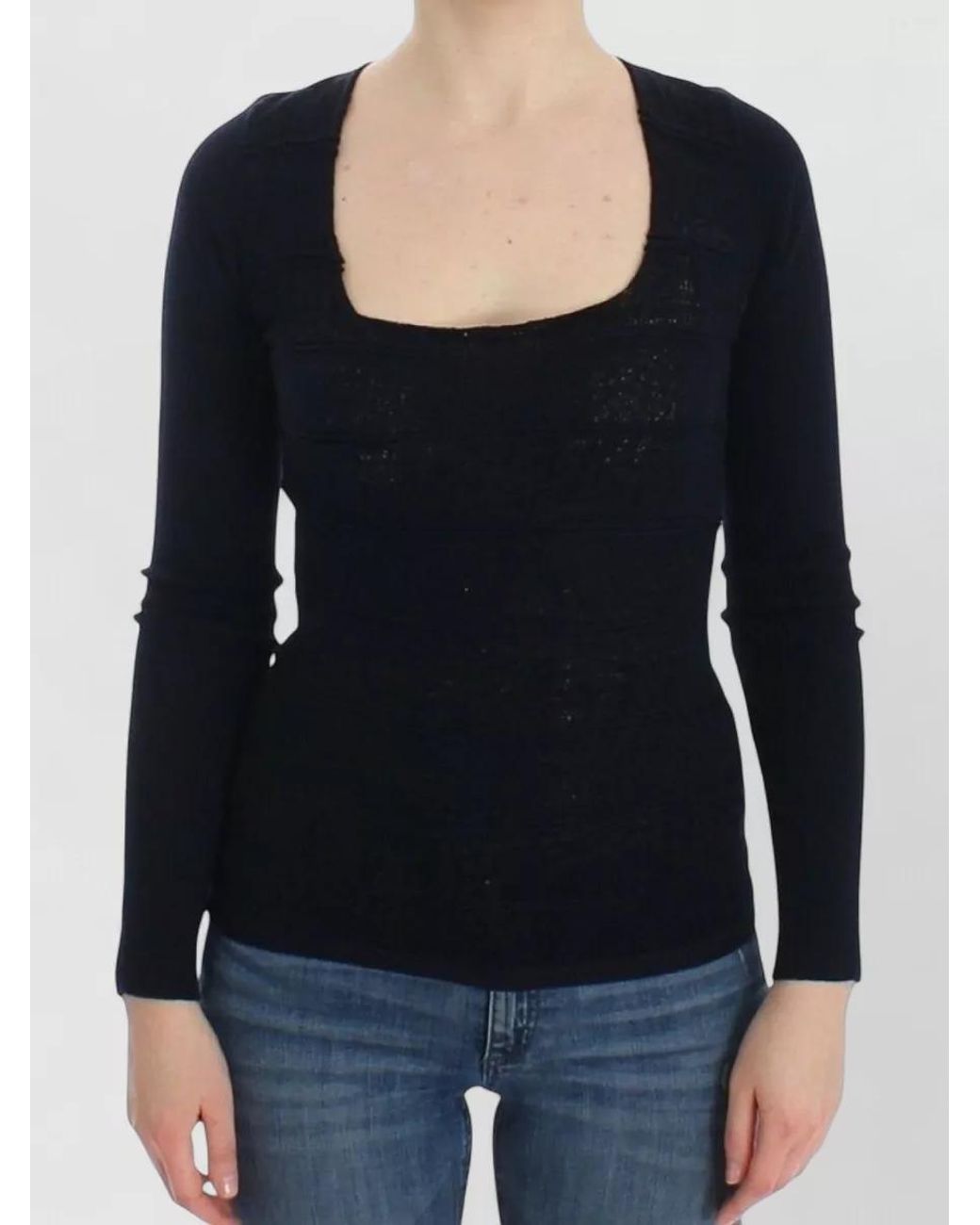 Ermanno Scervino Black Wool Square Neck Long-Sleeve Sweater