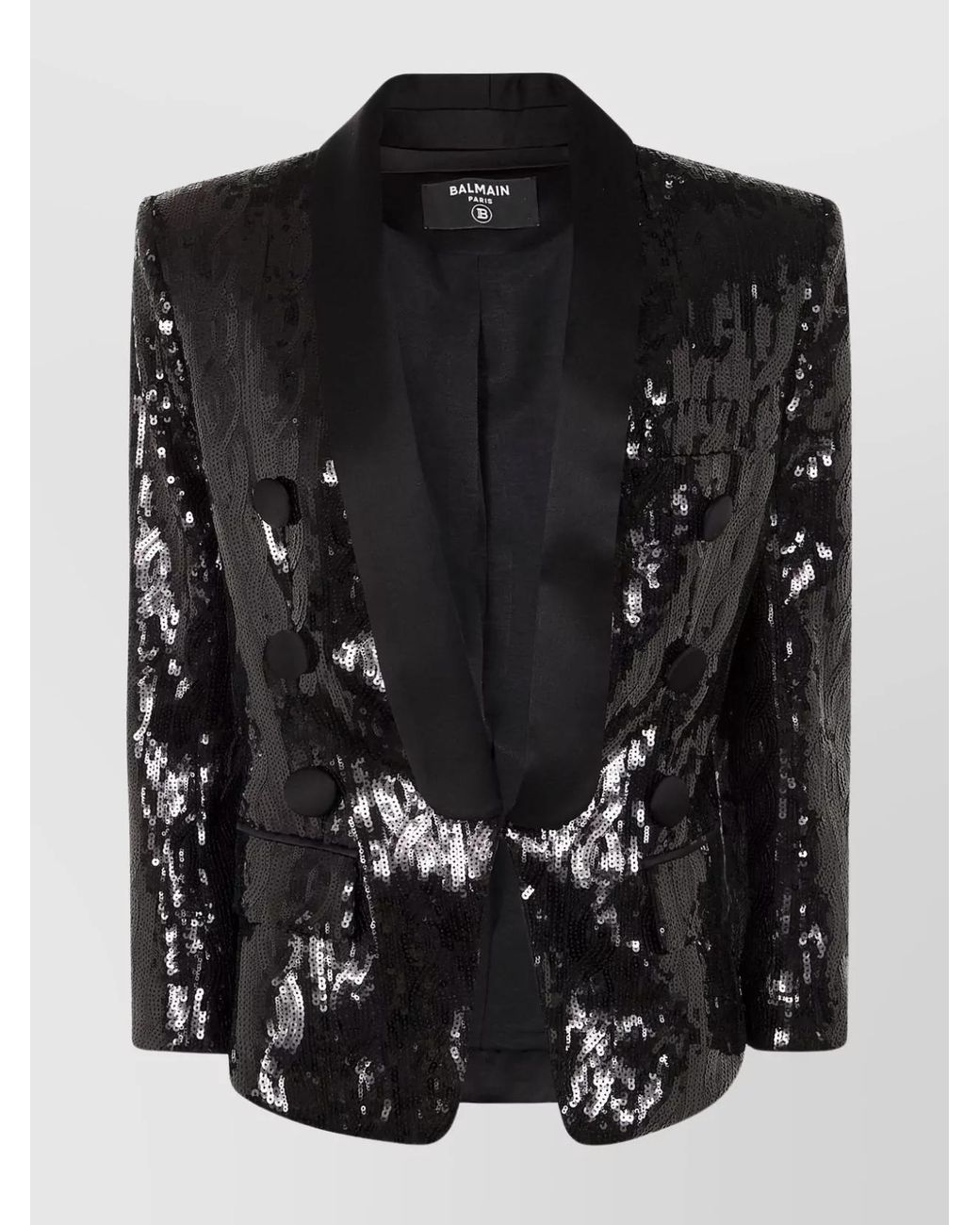 Balmain Black Glitter Satin V-Neck Blazer