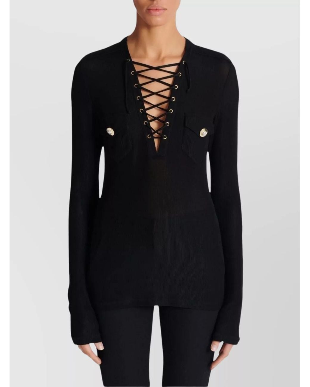 Balmain Black V-Neck Lace-Up Long-Sleeve Blouse