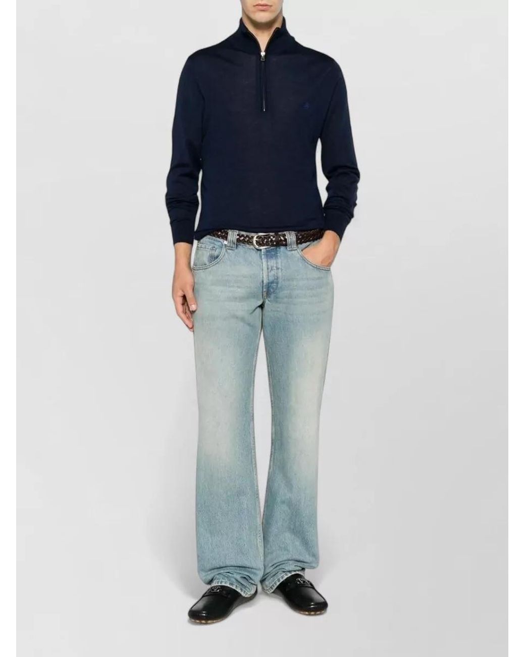 Etro Blue Silk Wool Quarter Zip Jumper for men