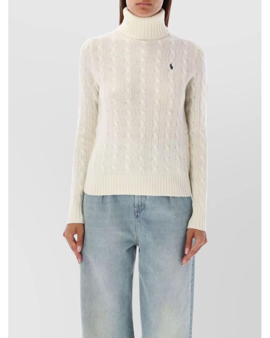 Polo Ralph Lauren White Wool Cashmere Cable Knit Turtleneck Sweater