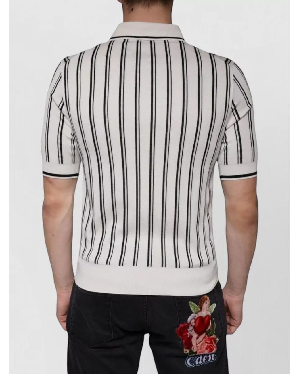 Dolce & Gabbana White Silk Striped Short-Sleeve Polo Shirt for men
