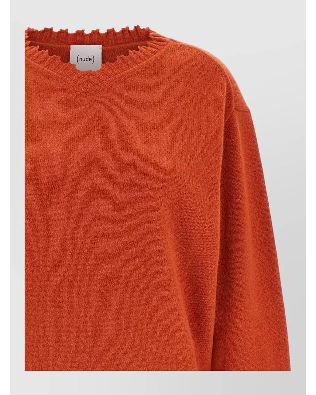 Nude Orange Cashmere V-Neck Fringed-Hem Sweater
