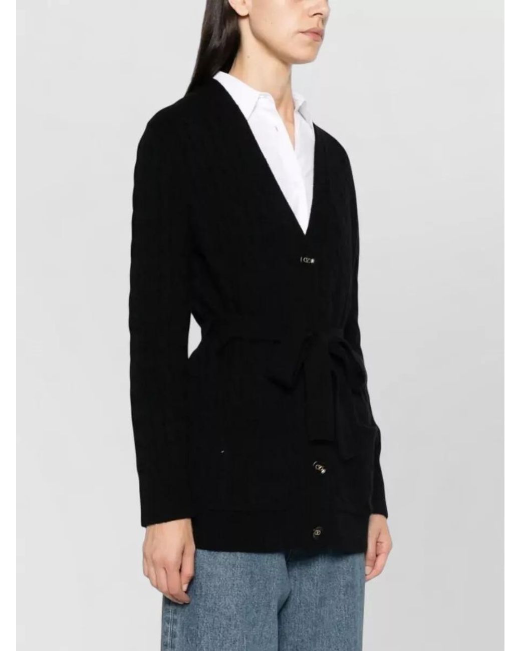 Valentino Garavani Black Cable-Knit Belted Cashmere Cardigan
