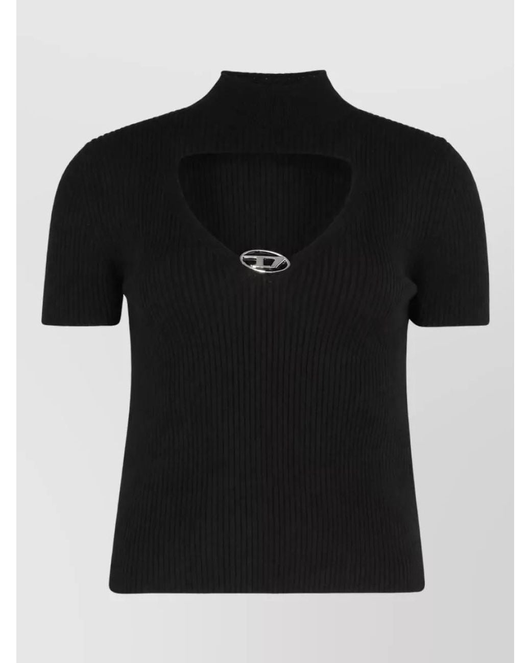 DIESEL Black Ribbed Wool Cutout Turtleneck Top