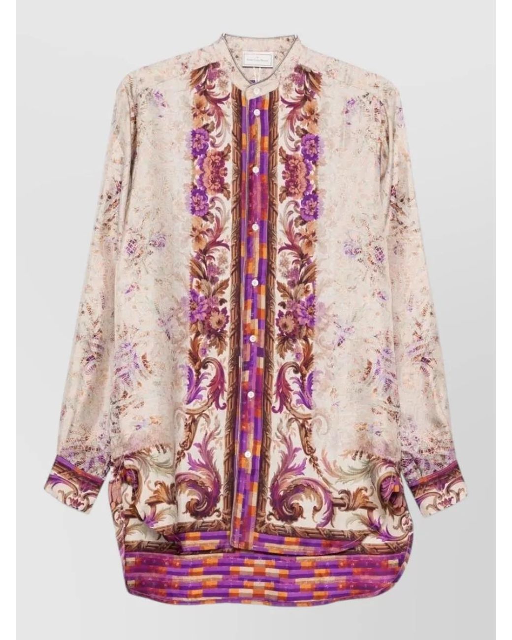 Pierre Louis Mascia Pink Floral Print Silk Long Sleeve Mandarin Collar Blouse