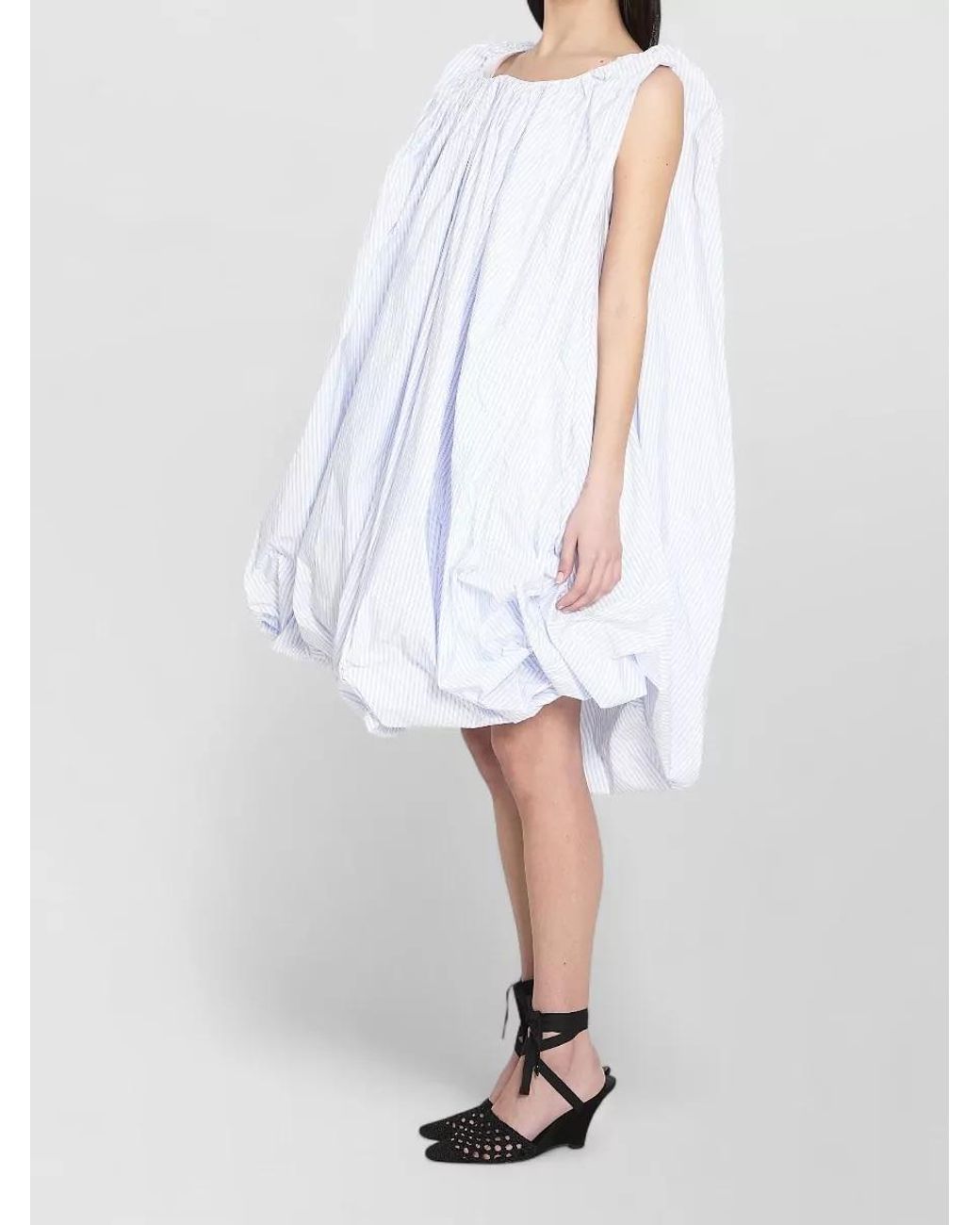 Jacquemus White Striped Off-The-Shoulder Draped Gathered Balloon-Hem Midi Dress
