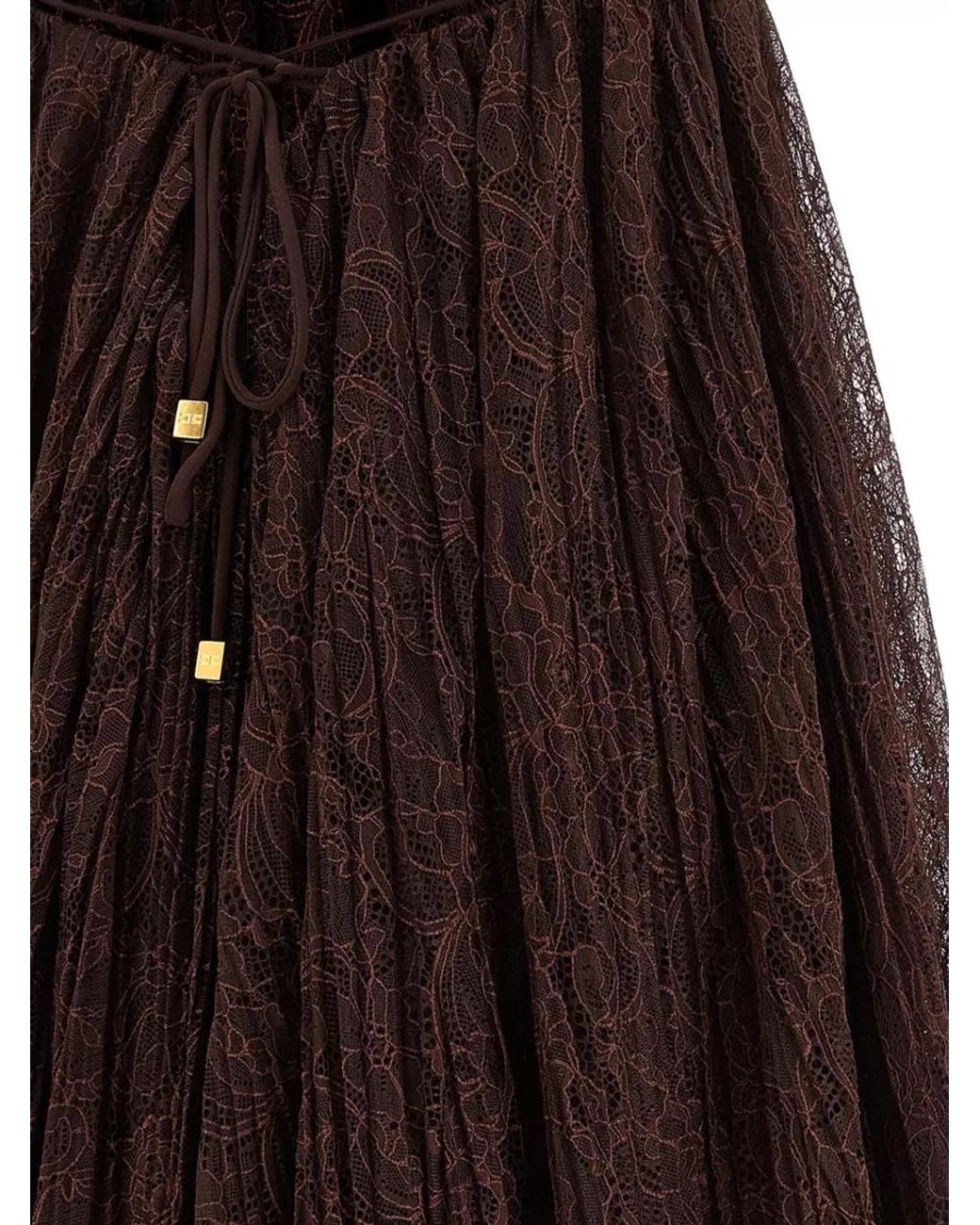 Elisabetta Franchi Brown Lace Pleated Floral Mini Dress