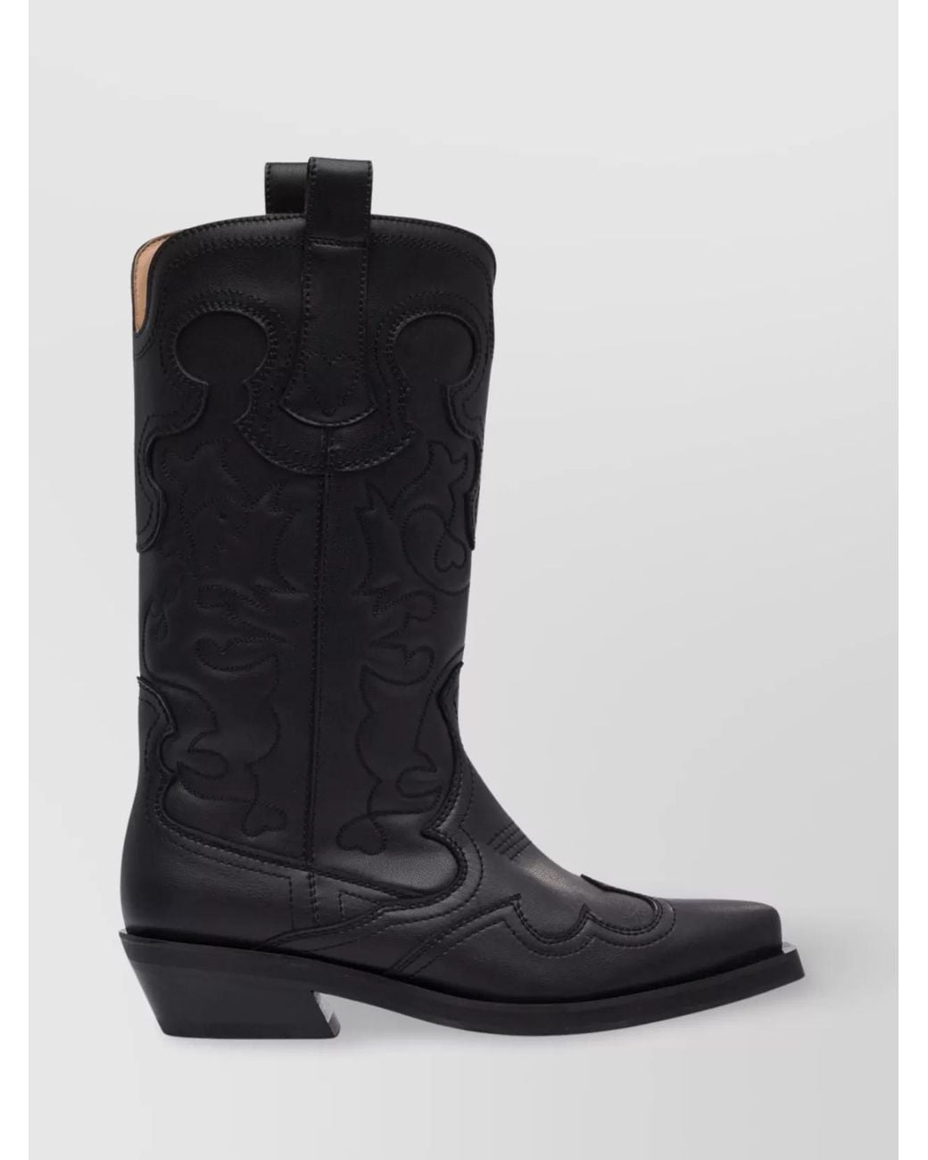 Ganni Black Embroidered Western Mid-Calf Boots