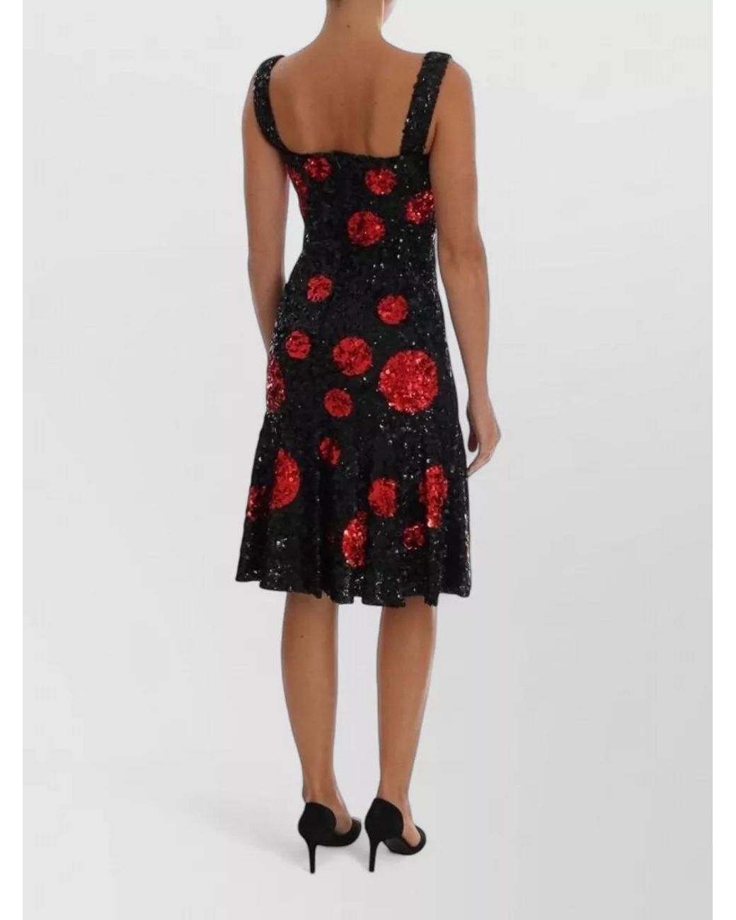 Dolce & Gabbana Red Sequin Polka-Dot Sleeveless Square-Neck Midi Dress