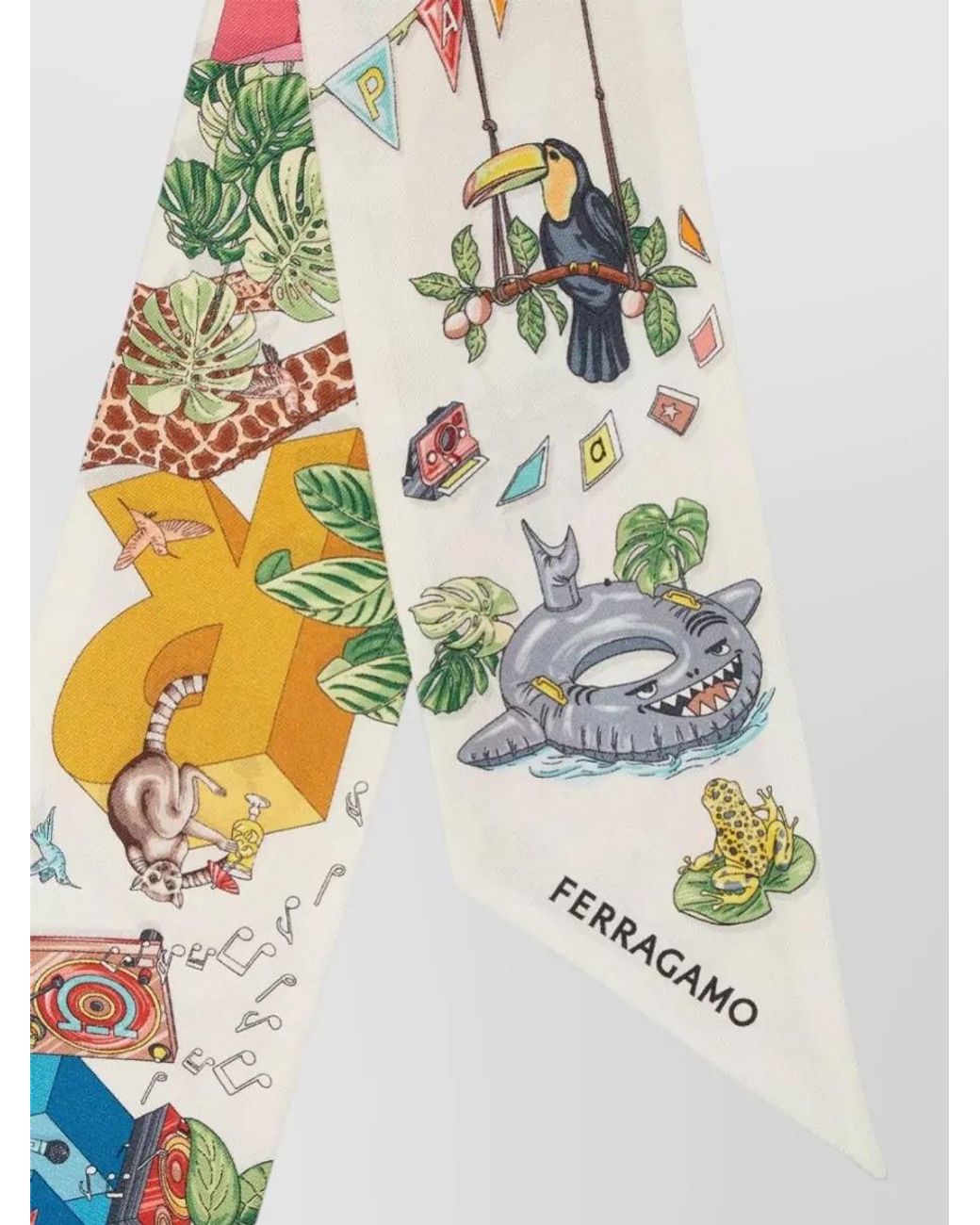 Ferragamo White Silk Jungle Party Print Mini Bandeau Scarf
