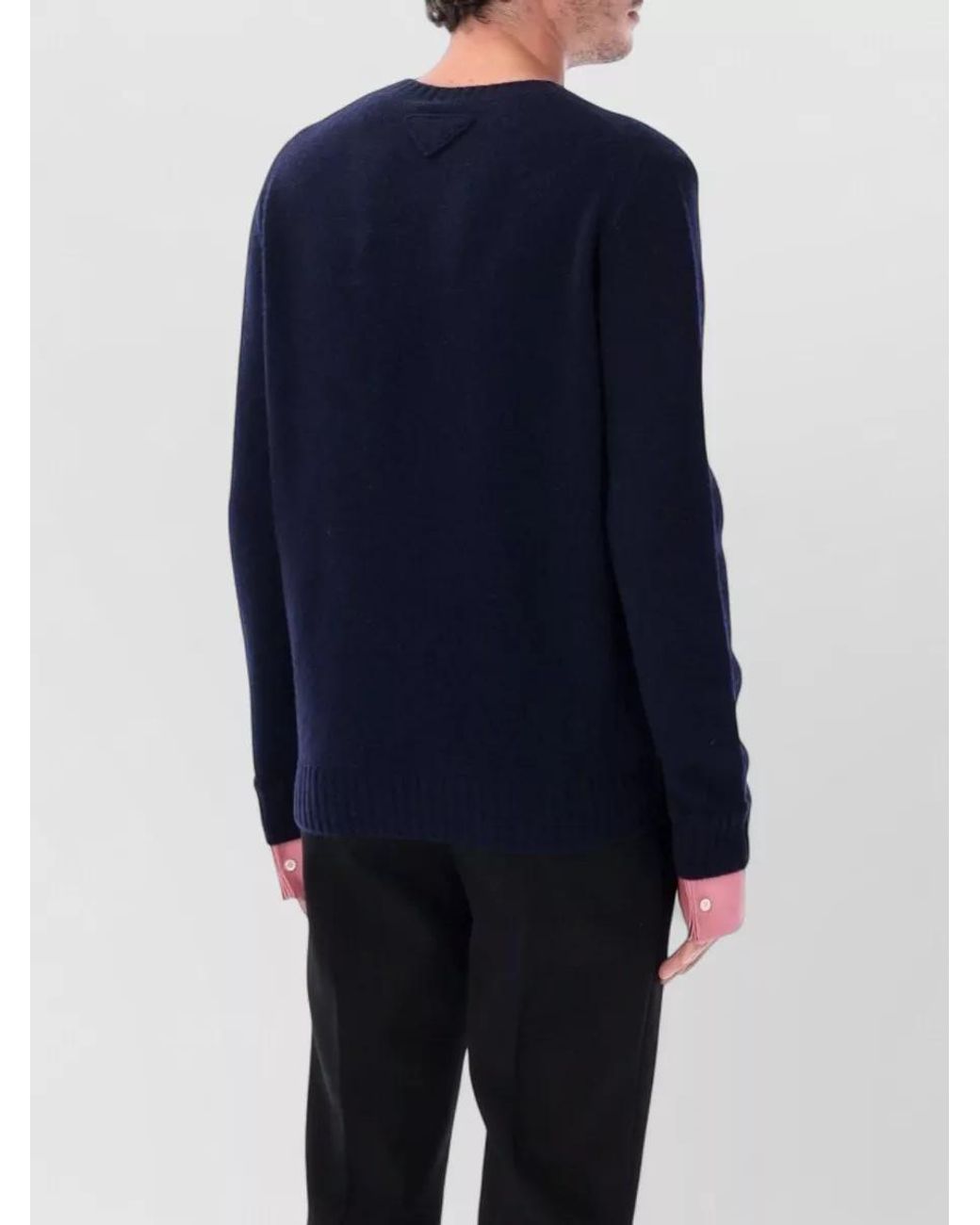 Prada Blue Wool Ribbed Crewneck Sweater for men