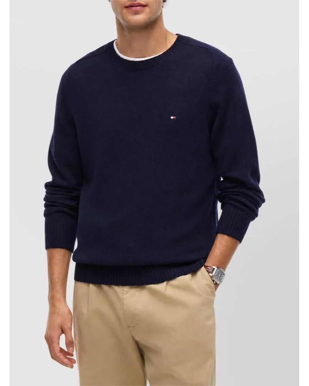 Tommy Hilfiger Blue Lambswool Ribbed Crew Neck Jumper for men