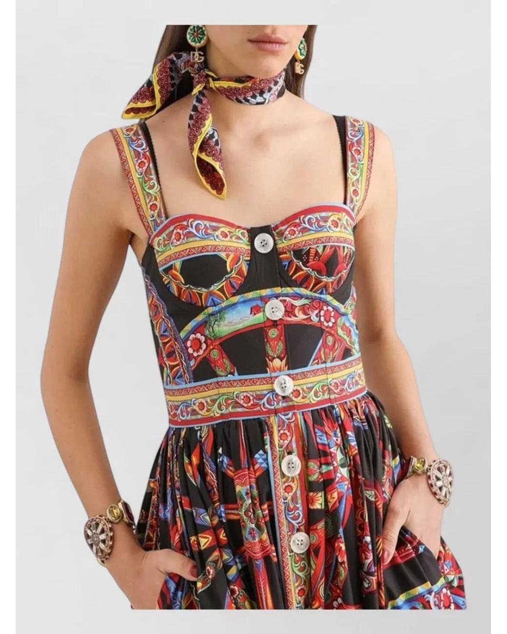 Dolce & Gabbana White Cotton Carretto Print Midi Dress