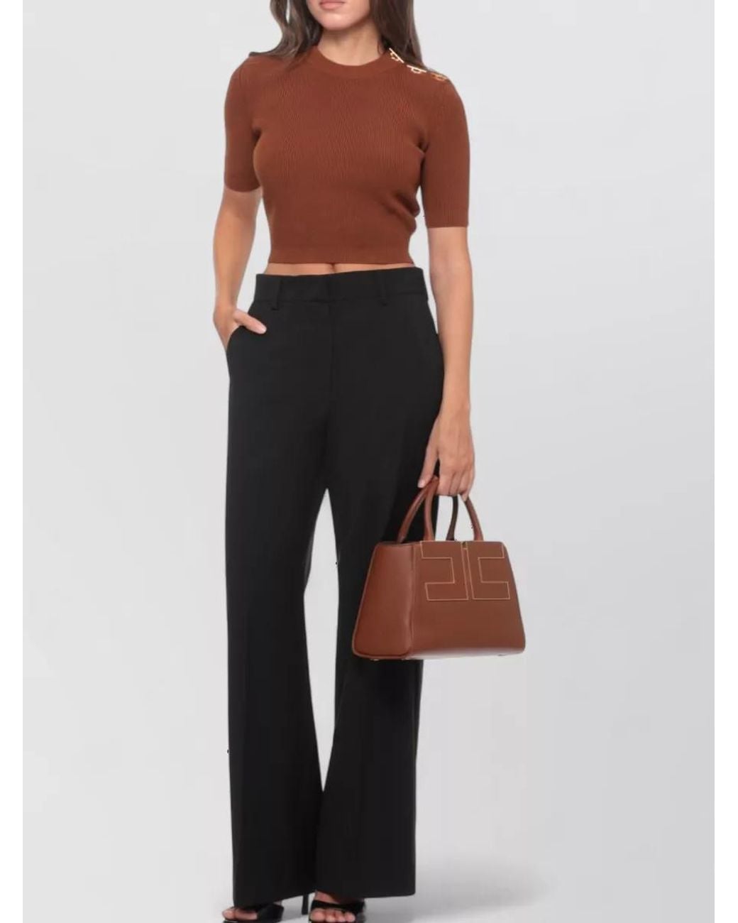 Elisabetta Franchi White Ribbed Short-Sleeve Crewneck Sweater