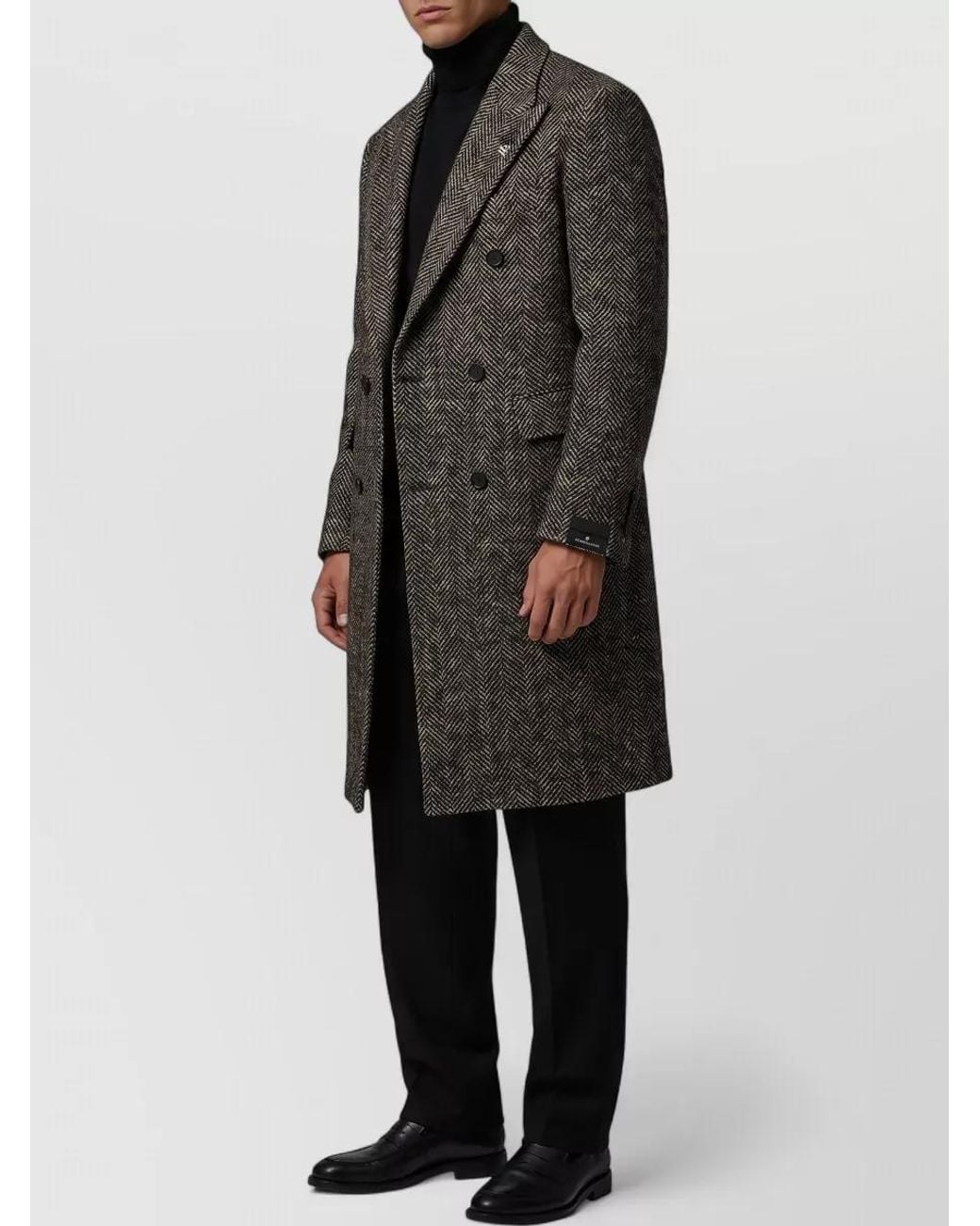Tagliatore Black Wool Blend Herringbone Double-Breasted Coat for men