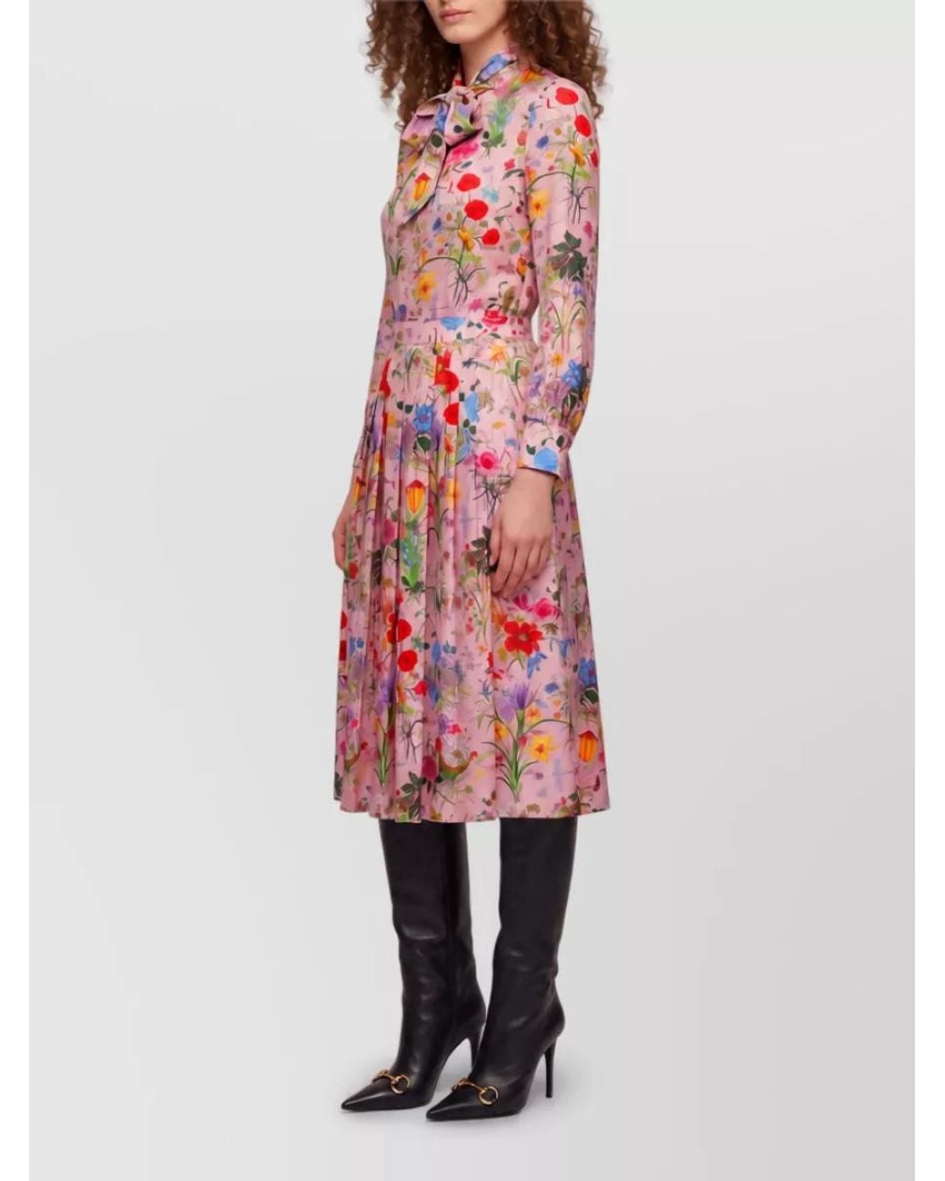 Gucci Red Silk Floral Print Pleated Midi Dress