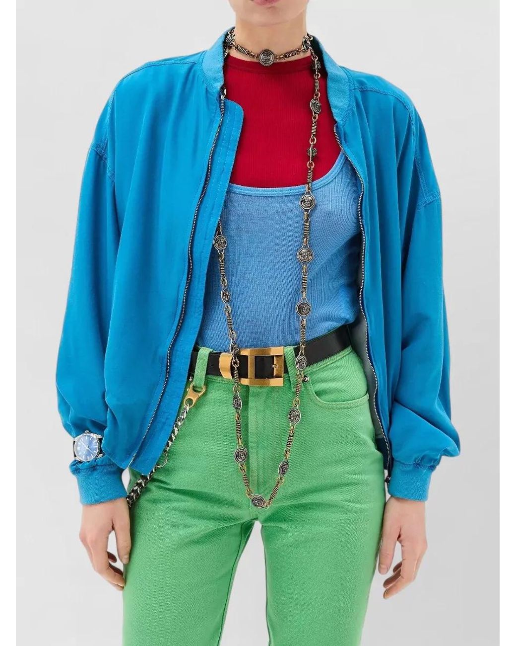 Versace Blue Silk Poplin Zip-Up Bomber Jacket