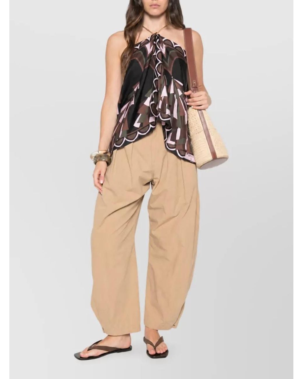 Emilio Pucci Multicolor Silk Printed Halterneck Sleeveless Draped Blouse