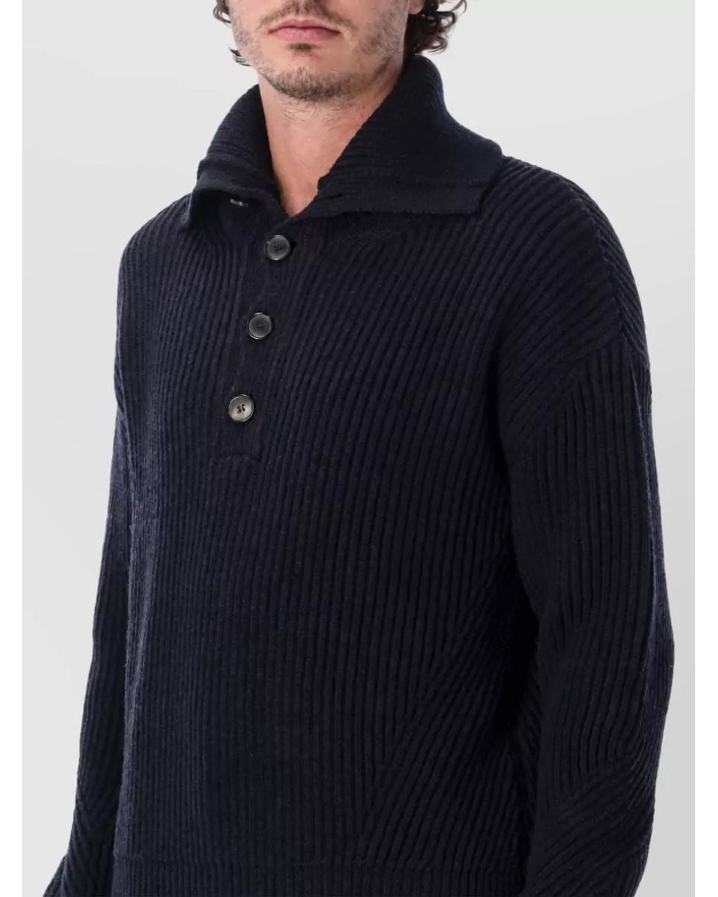 Dries Van Noten Blue Wool Ribbed Relaxed-Fit Polo Sweater for men