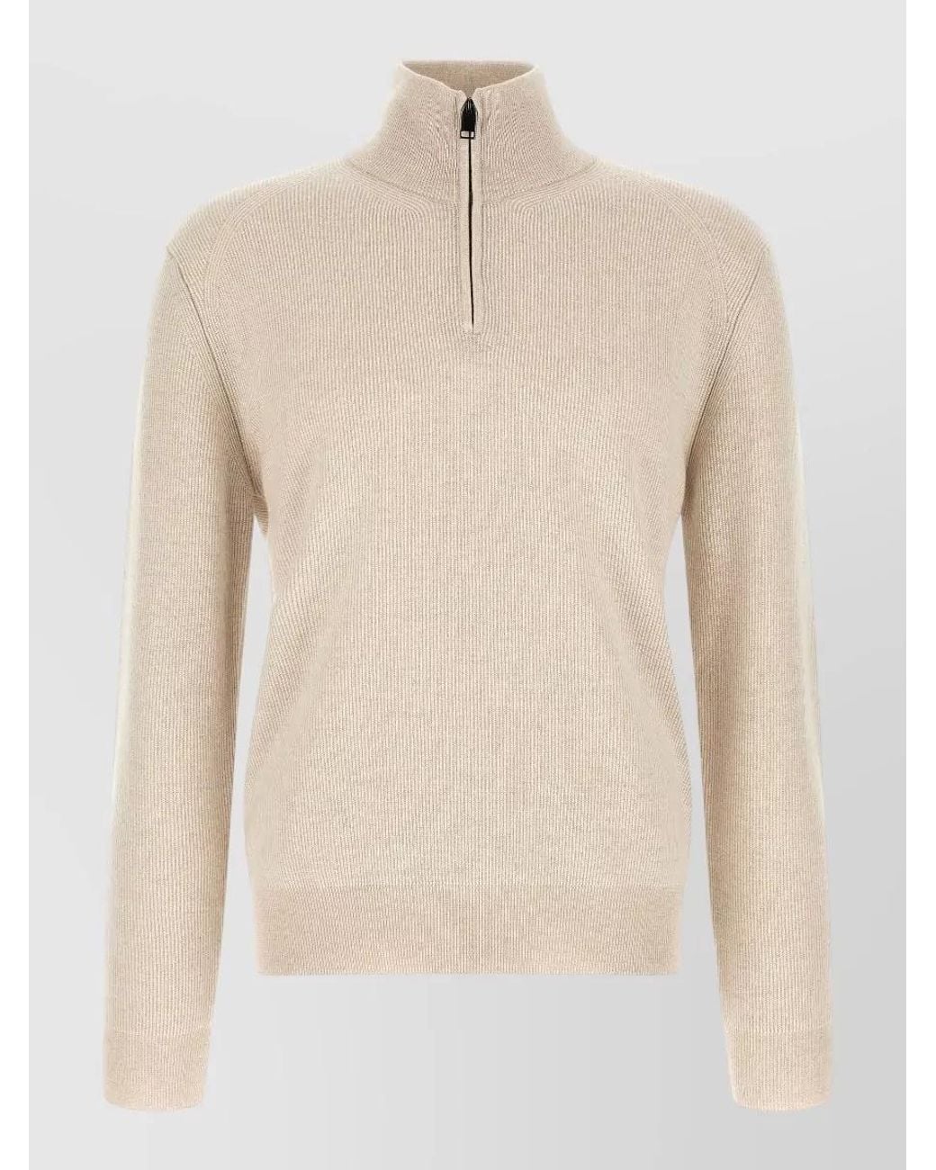 Brioni Natural Cashmere Wool Ribbed High Neck Half Zip Sweater for men