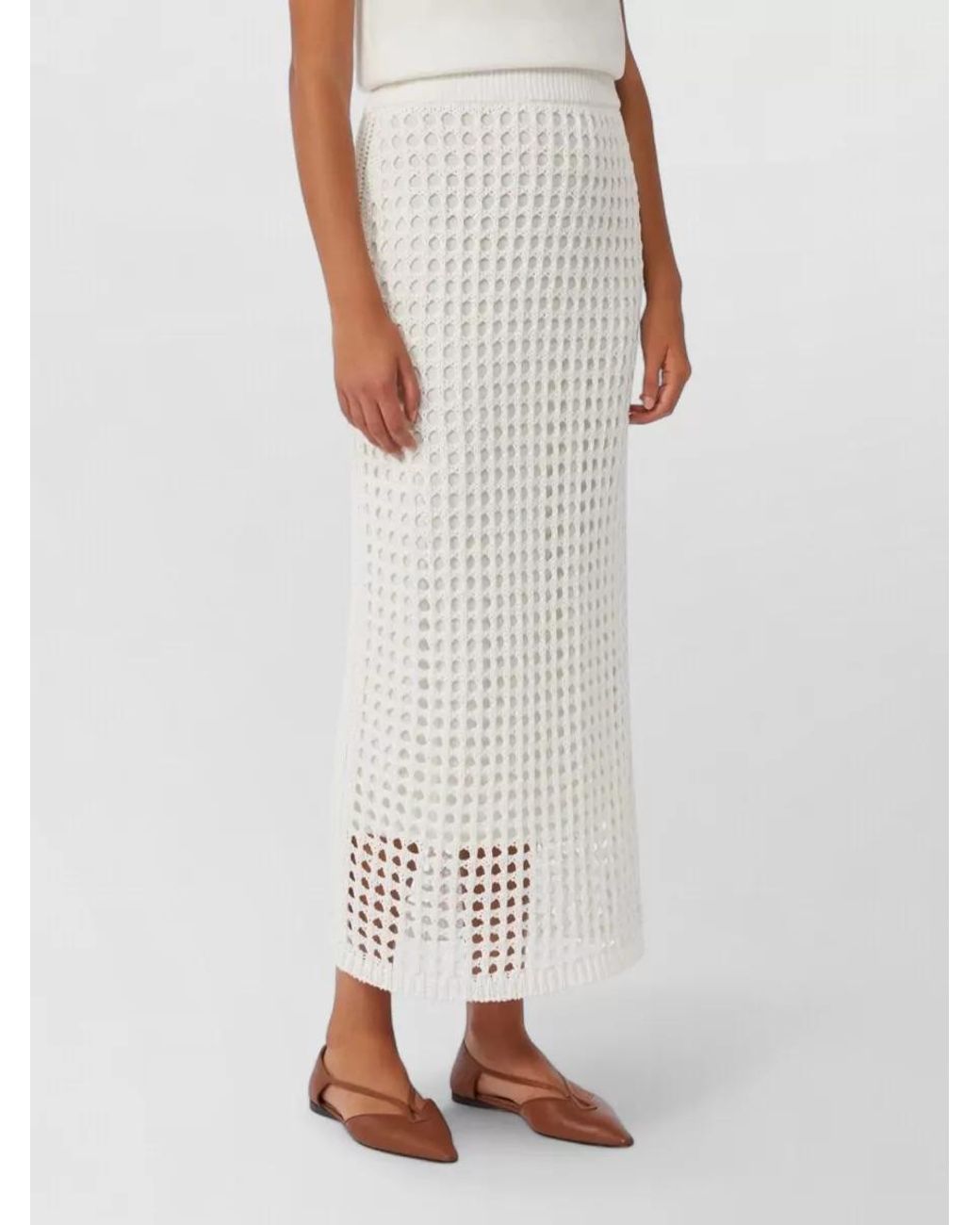 Max Mara White Cotton Ribbed Mesh Straight Skirt