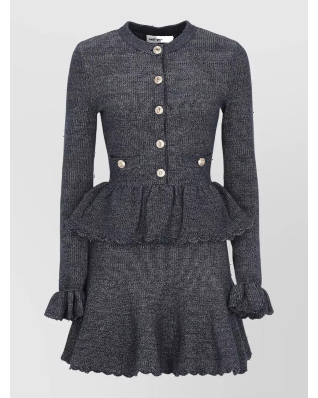 Self-Portrait Black Textured Long-Sleeve Flared Knitted Midi Dress