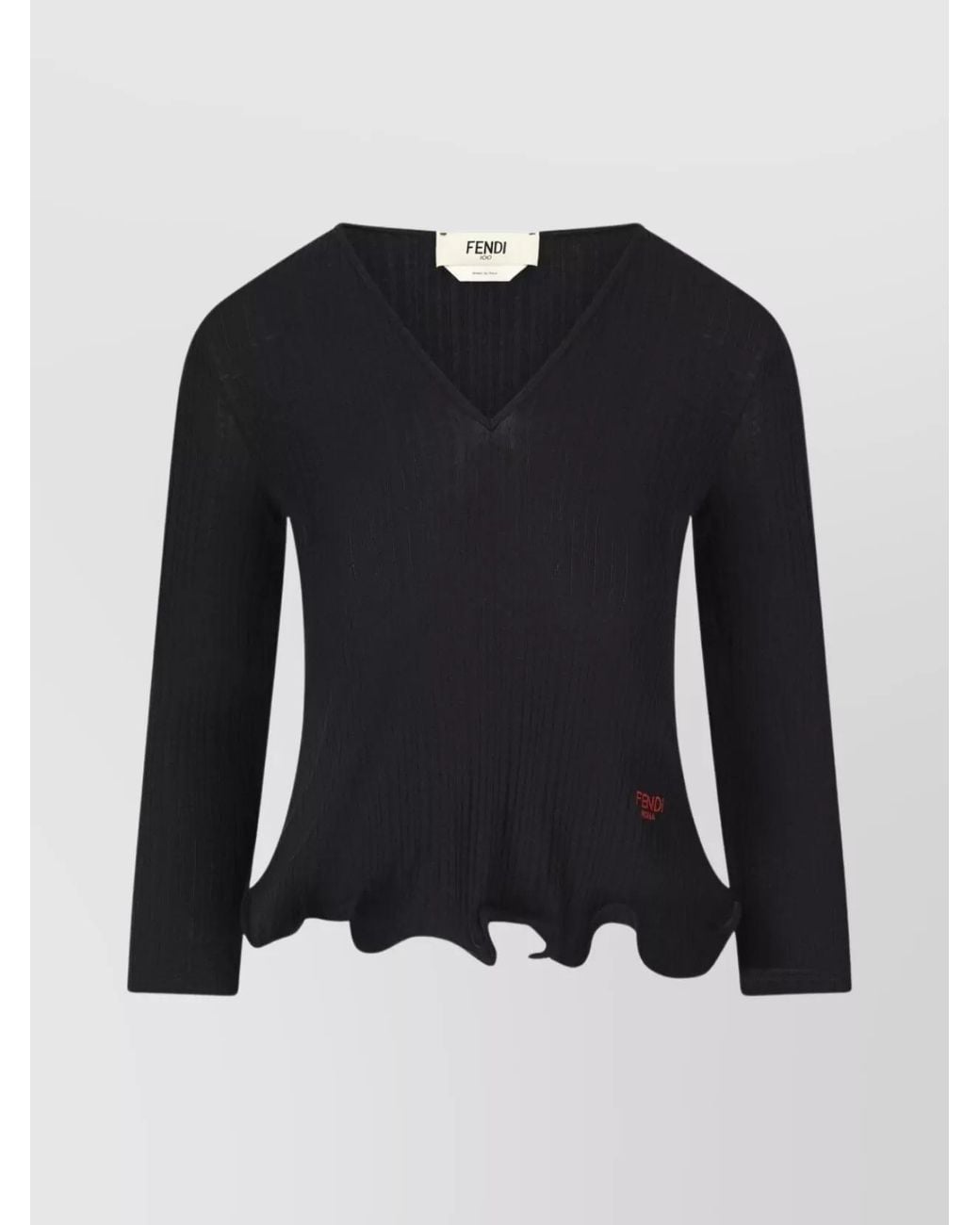 Fendi Blue Virgin Wool Ribbed Fitted V-Neck Long-Sleeve Ruffled Top
