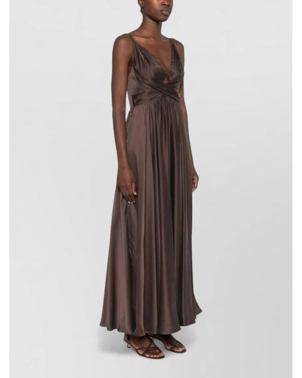 Zimmermann Brown Silk Draped Cutout V-Neck Sleeveless Maxi Dress