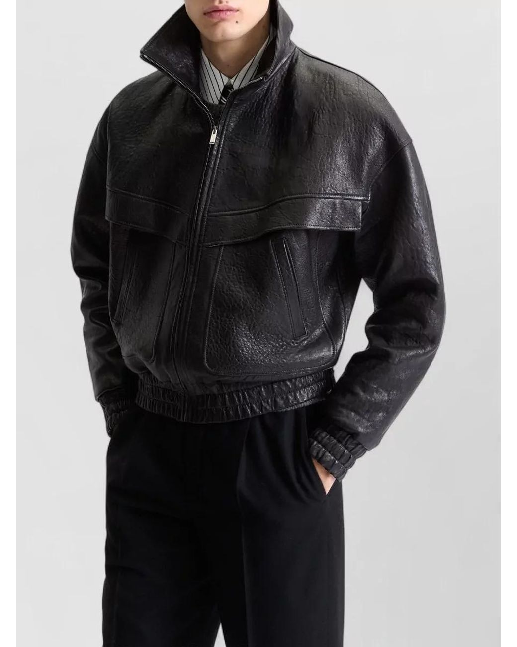 Saint Laurent Black Lamb Leather Stand Collar Jacket for men