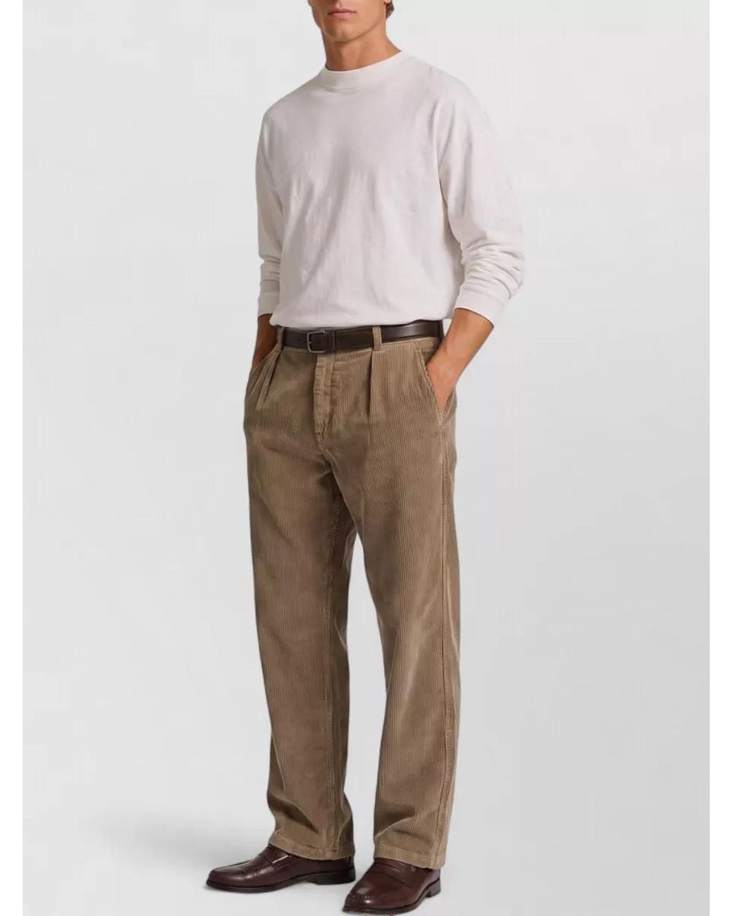 The Row White Cotton Corduroy Pleated Mid-Rise Wide-Leg Chinos for men