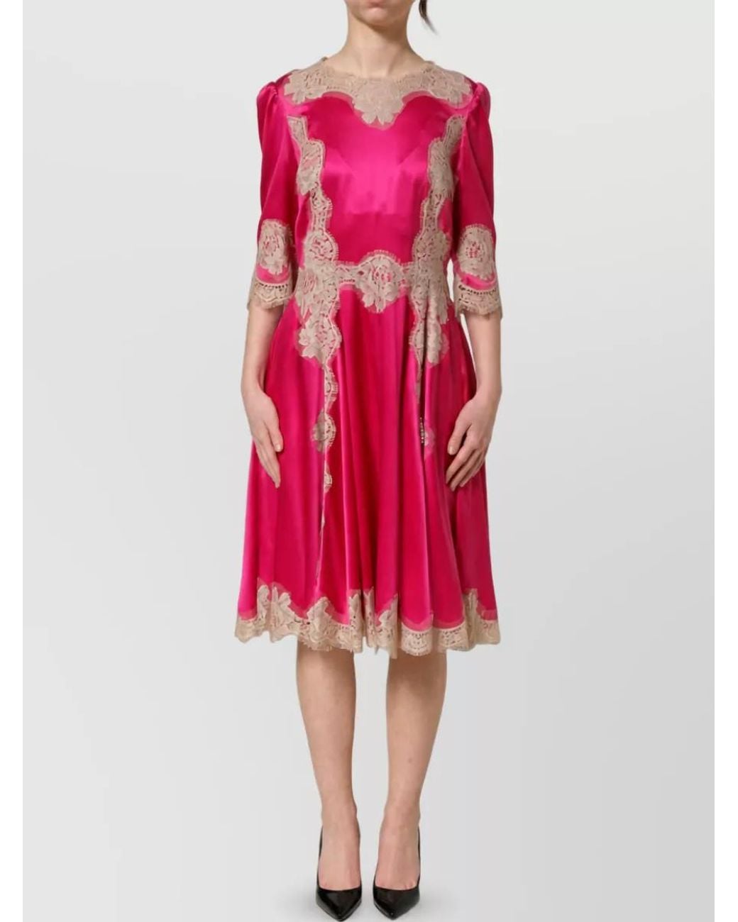 Dolce & Gabbana Red Silk Lace A-Line Midi Dress