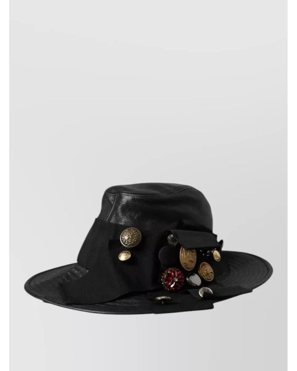 Dolce & Gabbana Black Leather Crystal-Embellished Wide-Brim Fedora Hat