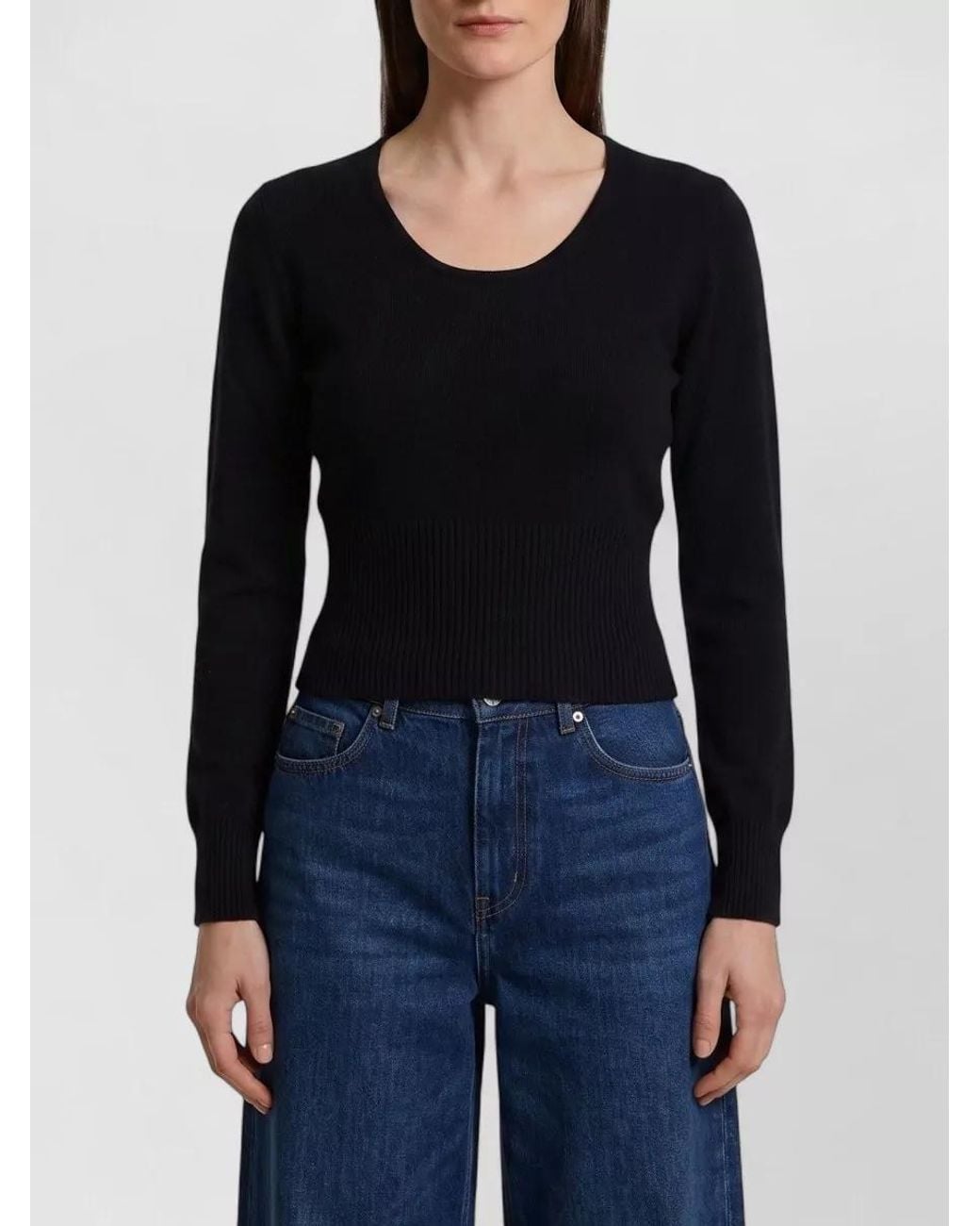 Max Mara Black Cashmere Wool Ribbed Crewneck Sweatshirt