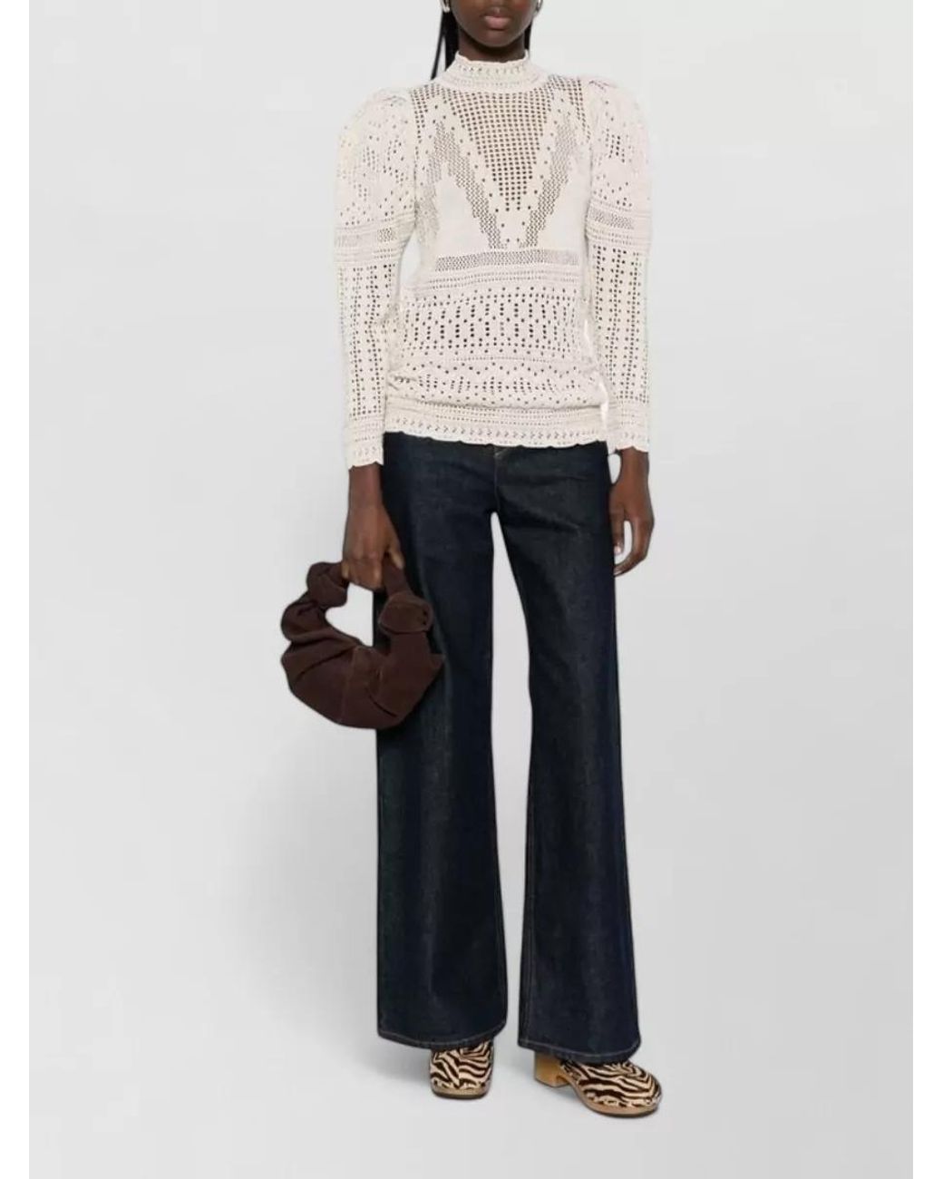 Isabel Marant Natural Crochet Geometric High-Neck Long-Sleeve Blouse