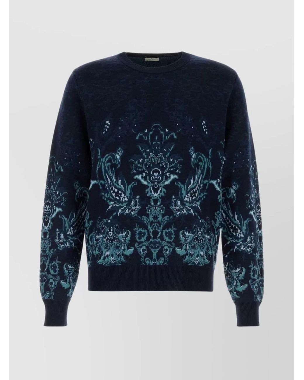 Etro Blue Floral Jacquard Wool Crewneck Sweater for men