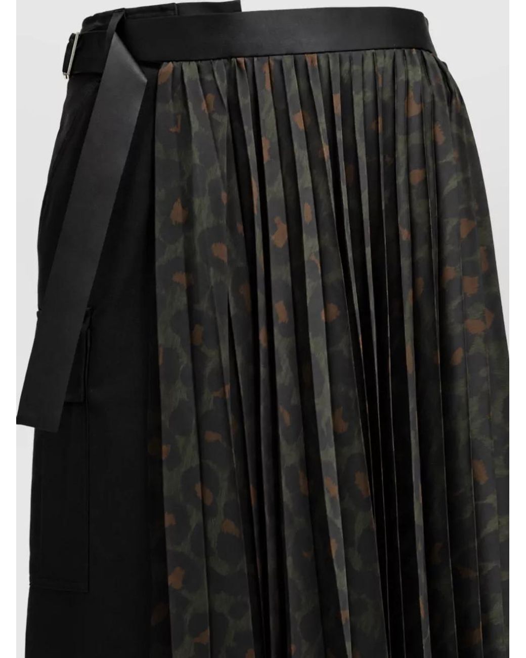 Sacai Black Leopard-Print Pleated Midi Skirt