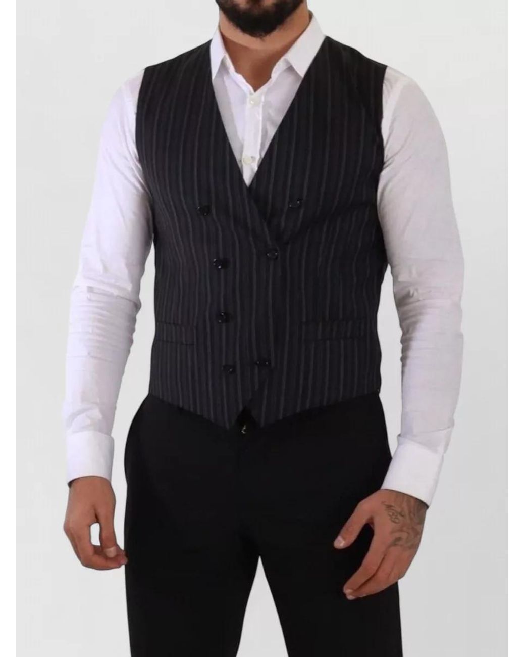 Dolce & Gabbana Blue Wool Blend Striped Double Breasted Waistcoat for men