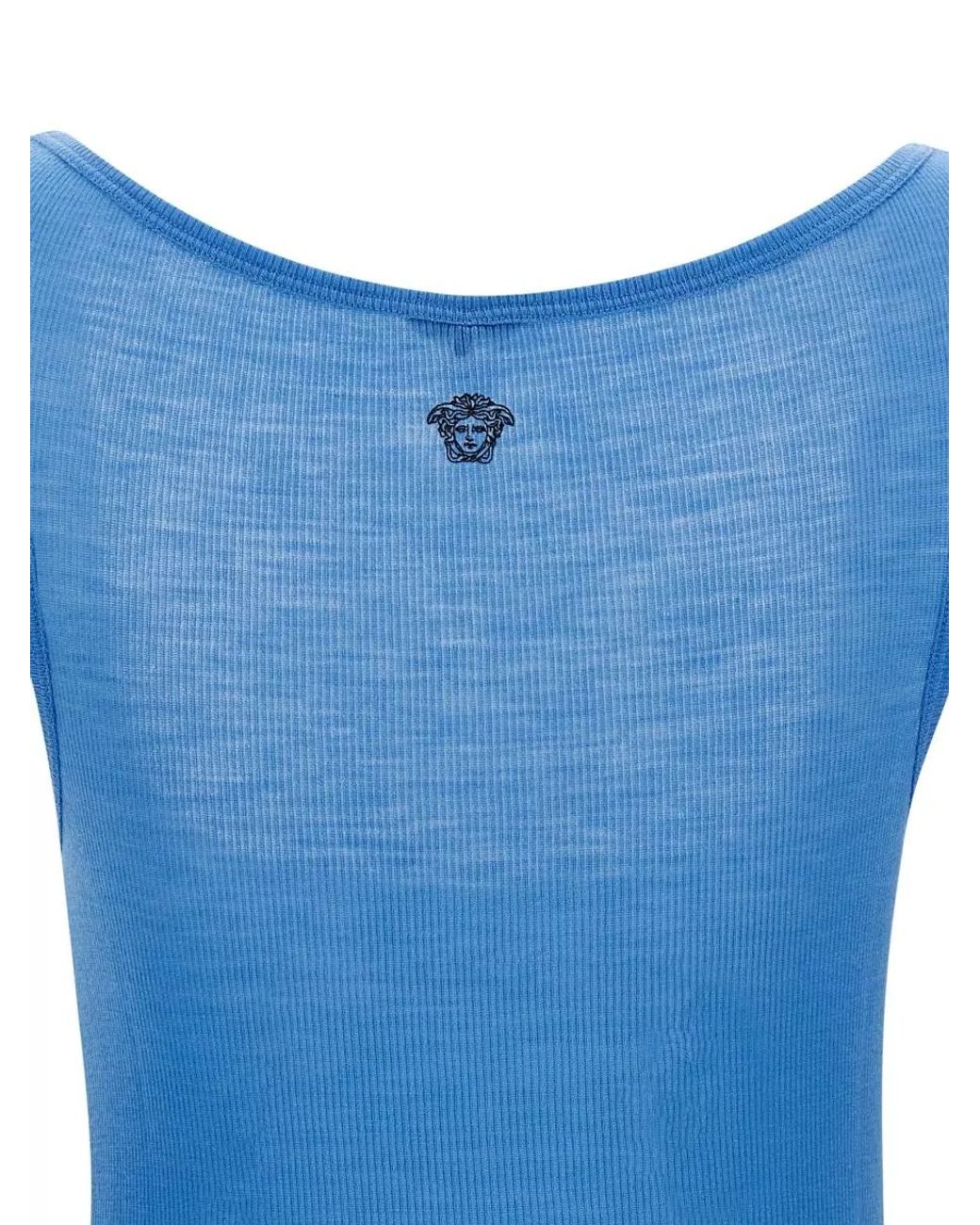 Versace Blue Ribbed Virgin Wool Sleeveless Round Neck Tank Top