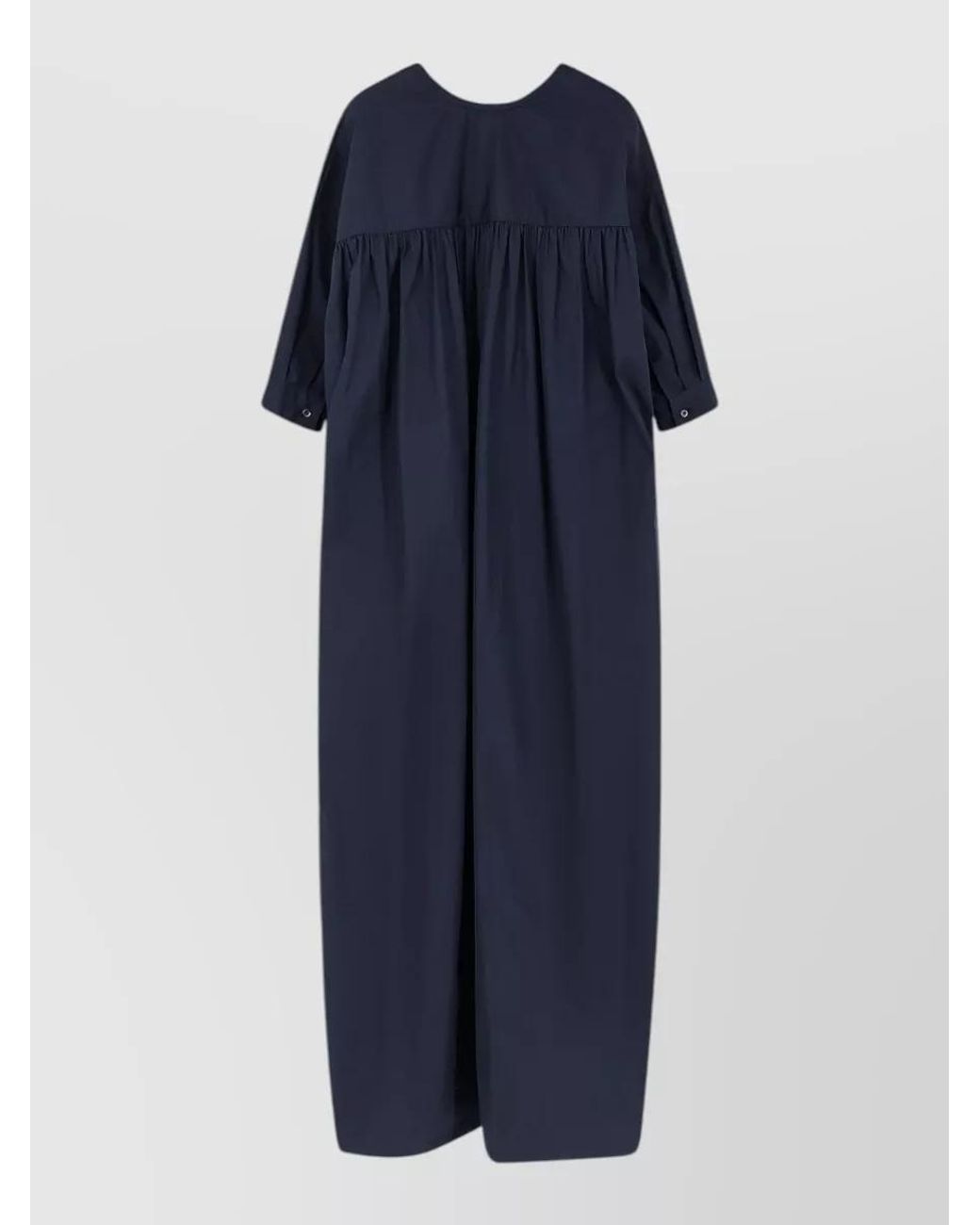 Aspesi Blue Cotton V-Neck Gathered Puff-Sleeve Midi Dress