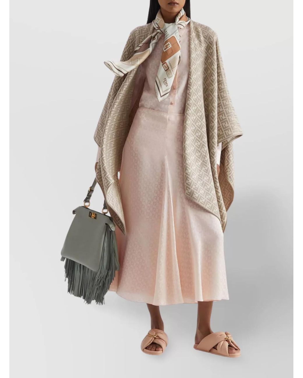 Fendi Pink Silk Ff Logo-Pattern Midi A-Line Skirt