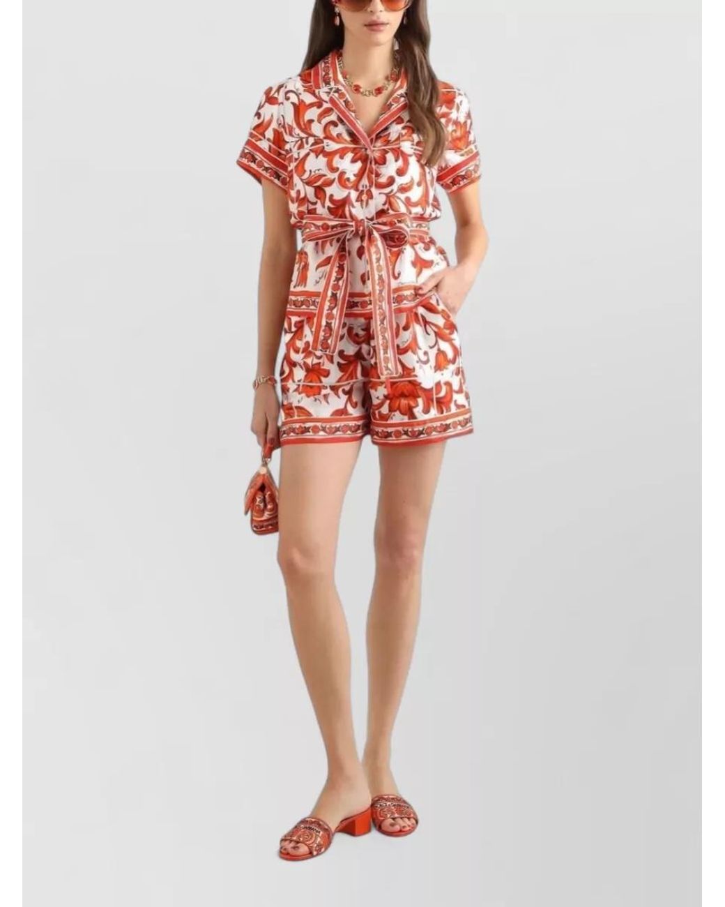 Dolce & Gabbana Red Silk Majolica Print Bermuda Shorts