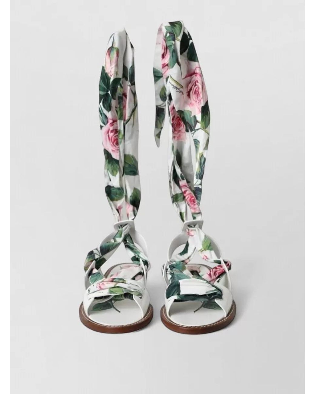 Dolce & Gabbana White Leather Floral-Print Ankle-Wrap Sandals