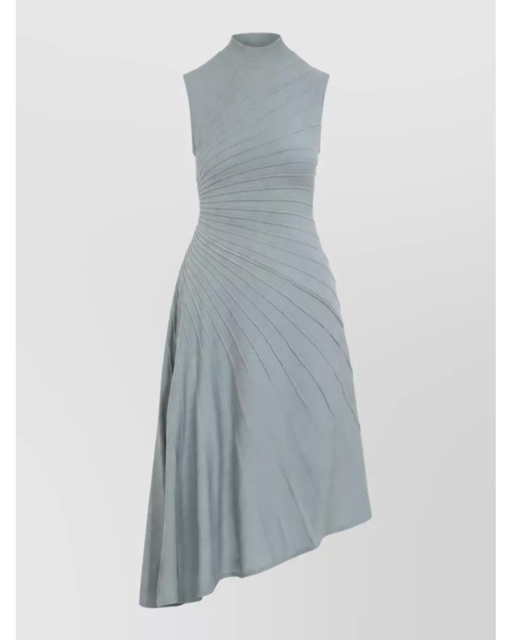Alaïa Blue Wool Ribbed Sleeveless High-Neck Pleated Asymmetric Midi Dress