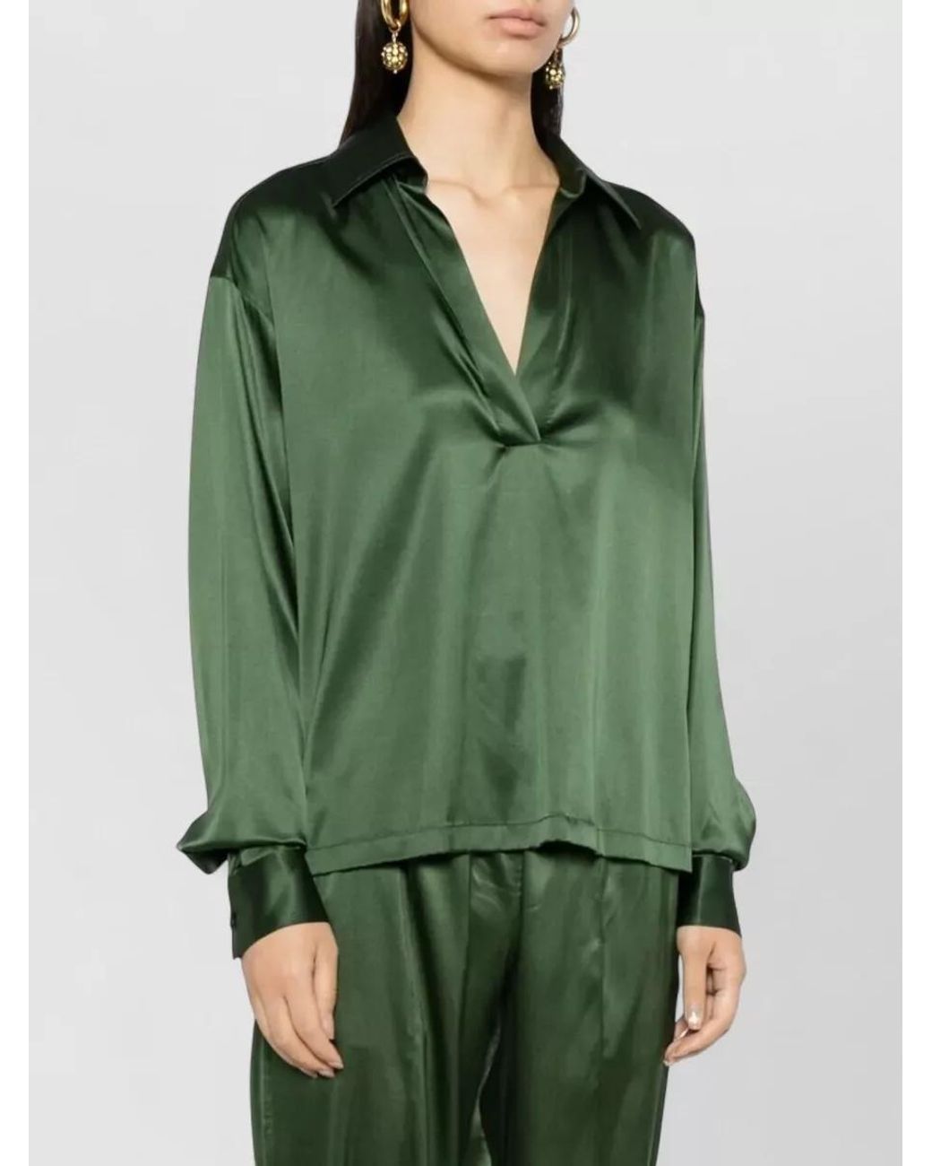 Tom Ford Green Silk Satin Stretch Long-Sleeve Polo Shirt