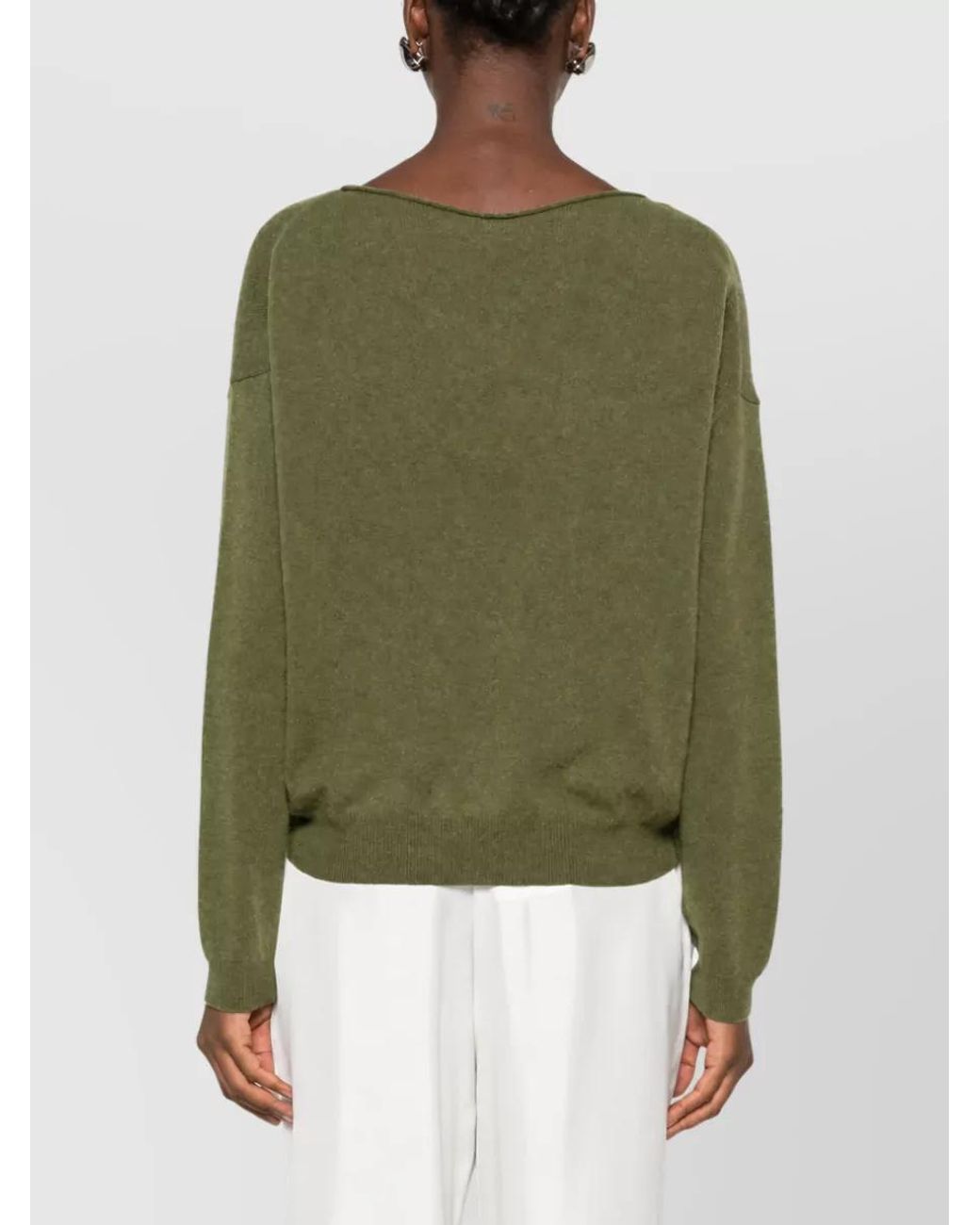 C.t. Plage Green Cashmere Fine-Knit Boat Neck Long-Sleeve Sweater
