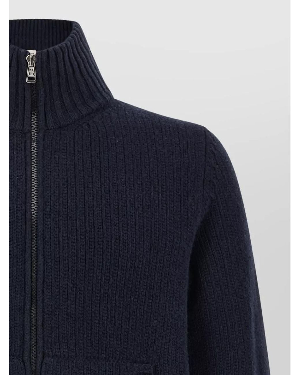Moncler Blue Wool Cashmere Ribbed High Neck Cardigan for men