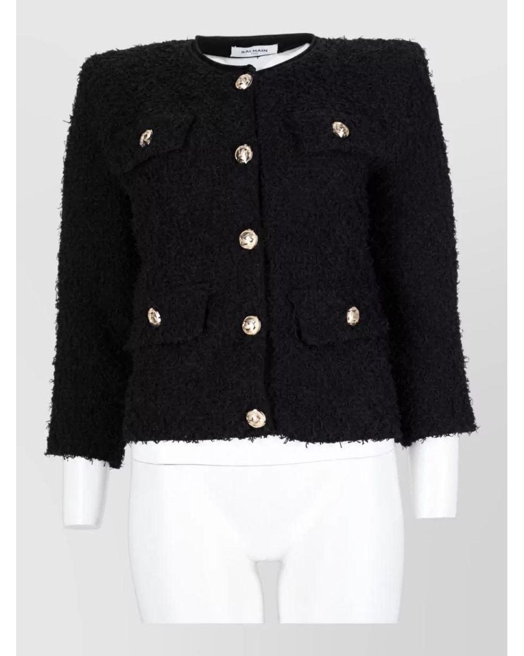 Balmain Black Double-Breasted Tweed Cropped Jacket