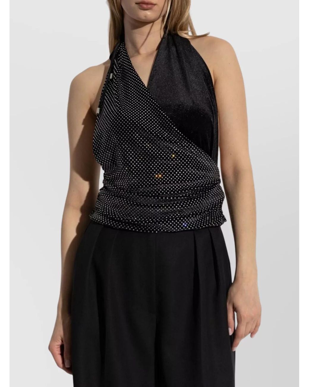 Balmain Black Velvet Crystal Embellished Gathered Wrap Halterneck Top