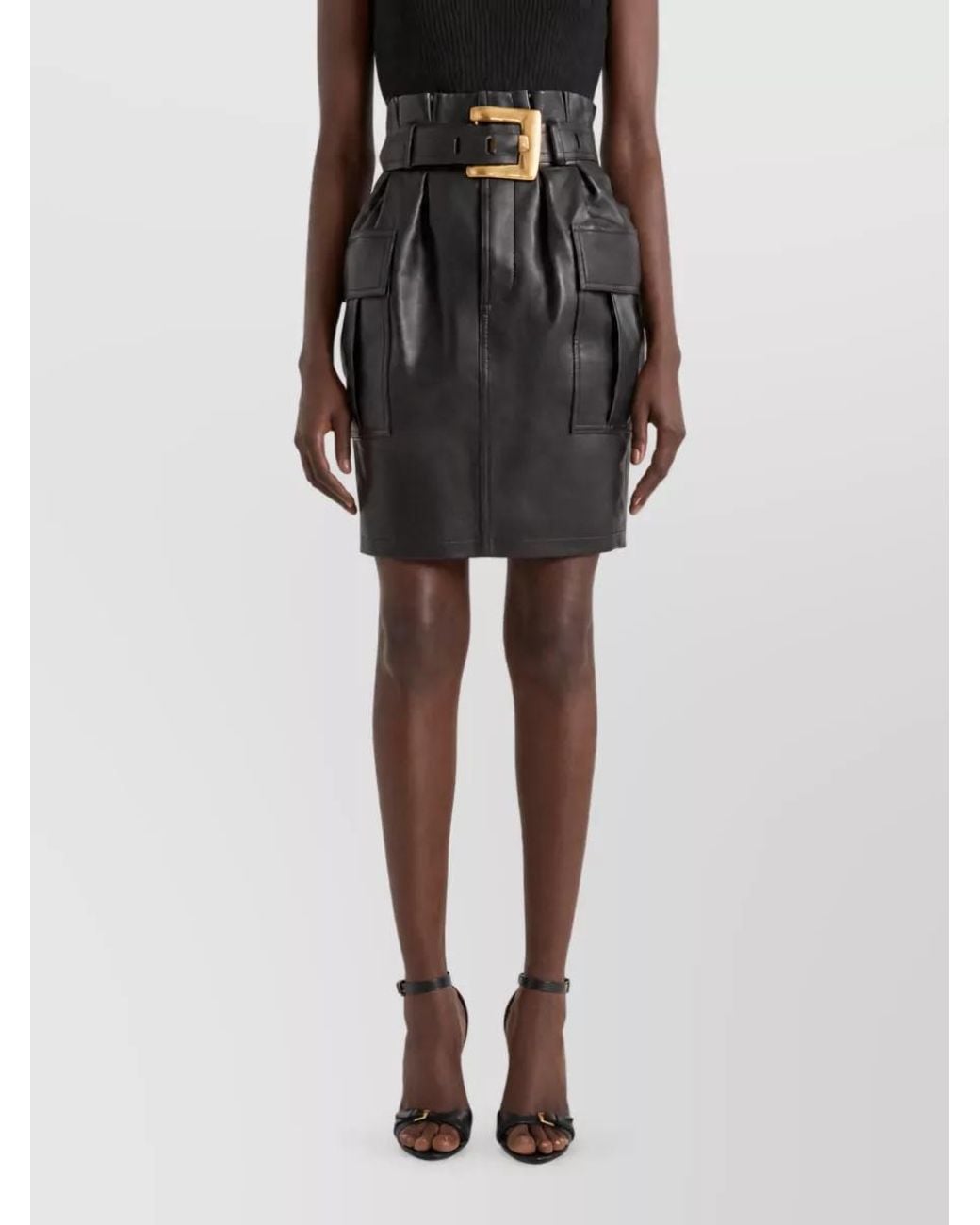 Balmain Black Leather High-Rise Belted Knee-Length Fitted Skirt